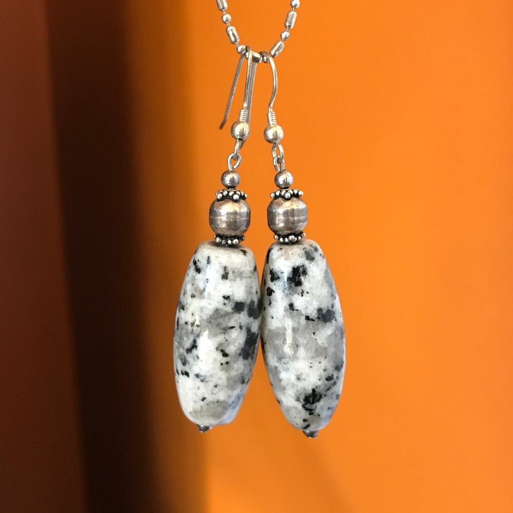 Artisan semiprecious white / black natural stone dangle drop earrings